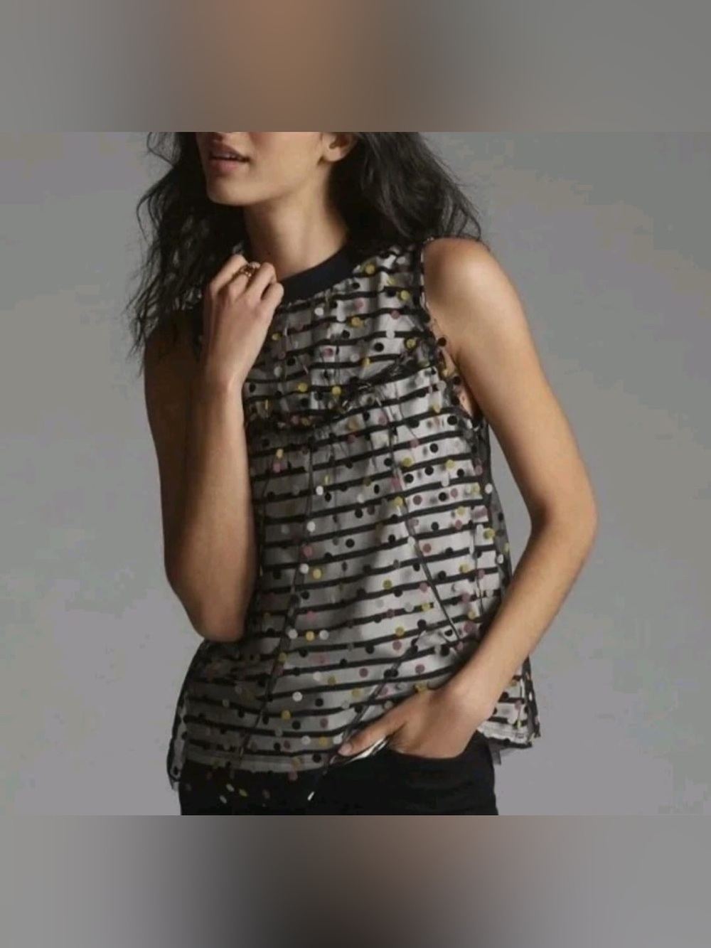 Maeve Anthropologie Sheer Striped Polka Dot Ruffle Neck Tank - Black/Gray